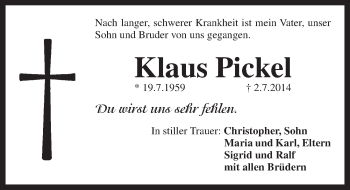 Traueranzeige von Klaus Pickel von Pegnitz-Zeitung